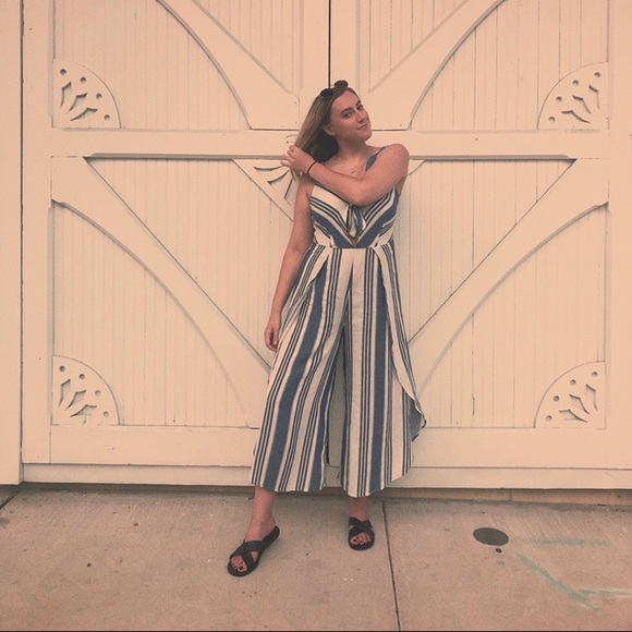 Xhilaration Pants - Blue & white striped split leg jumpsuit worn once